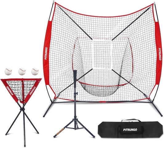 Baseball Softball Tee Batting Tee for Hitting T tee Ball Set Stand Baseball Softball Hitting Pitching Screen Net for Kids Teens Batting Net Set Training Equipment W/Carry Bag for Outdoor