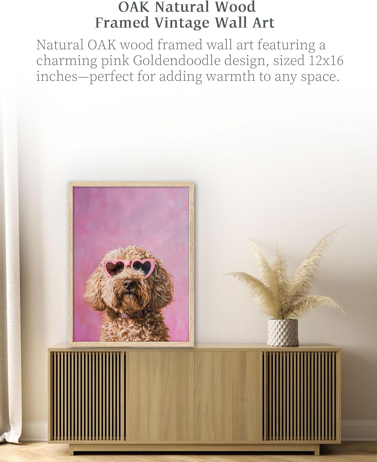 iHery Natural OAK Wood Pink Goldendoodle Dog Framed Wall Art, 12x16 in Funky Preppy Heart-Shaped Glasses Canvas Wall Art Decor For Bedroom, Cute Dog Prints Apartment Bathroom Living Room Set of 1
