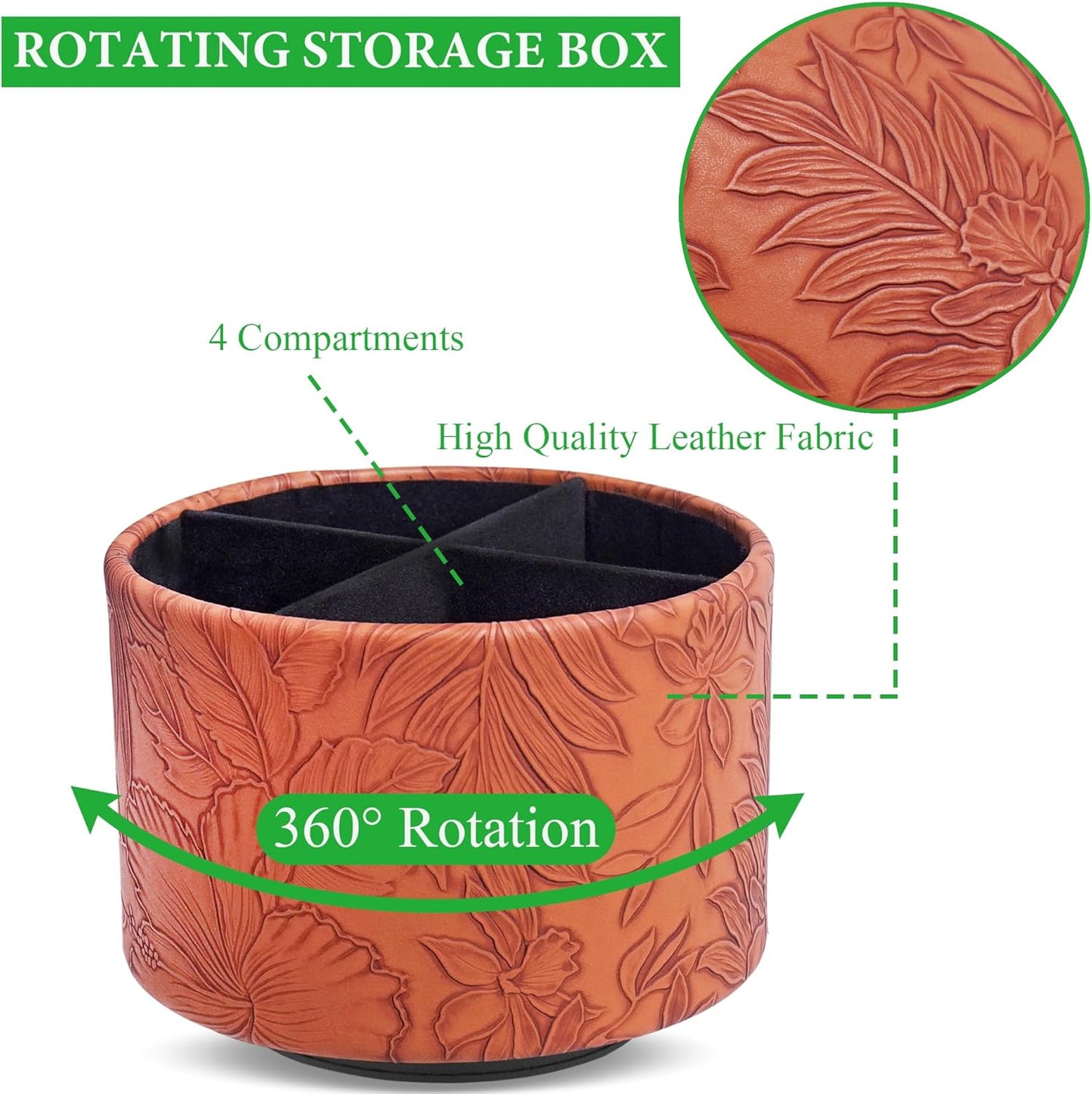 Hennaja Round Leather Art Supply Organizer,Remote Control Holder,360 Degree Spinning,Multi-Functional Pencil Holder,4 Compartments Desktop Stationary Organizer(1-Carved Brown)