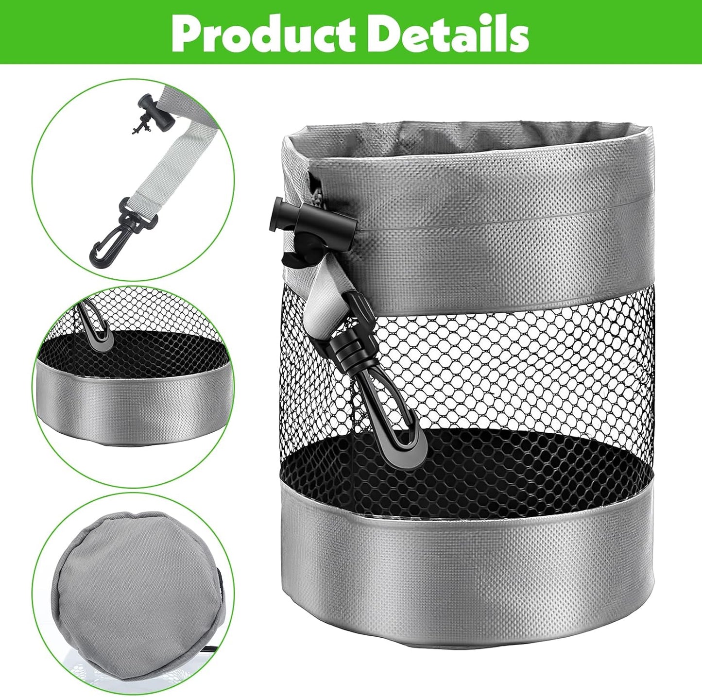 2 Pcs Golf Ball Pouch, Nylon Mesh Golf Ball Bag, 13 x 18cm/ 5.1 x 7.1 in Drawstring Golf Bag Organizer with Hook, Mesh Ball Bags for Billiards, Tennis, Kids Toys Storage, Grey