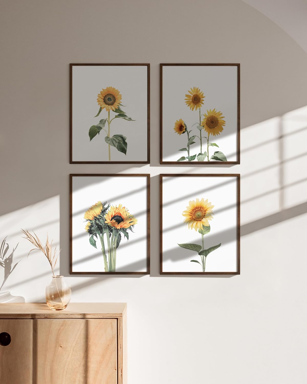 HAUS AND HUES Sunflower Wall Decor - Set of 4 Framed Sunflower Art Prints, Yellow Wall Art for Kitchen or Bedroom, Vintage Flower Paintings (Walnut Frame, 11x14)