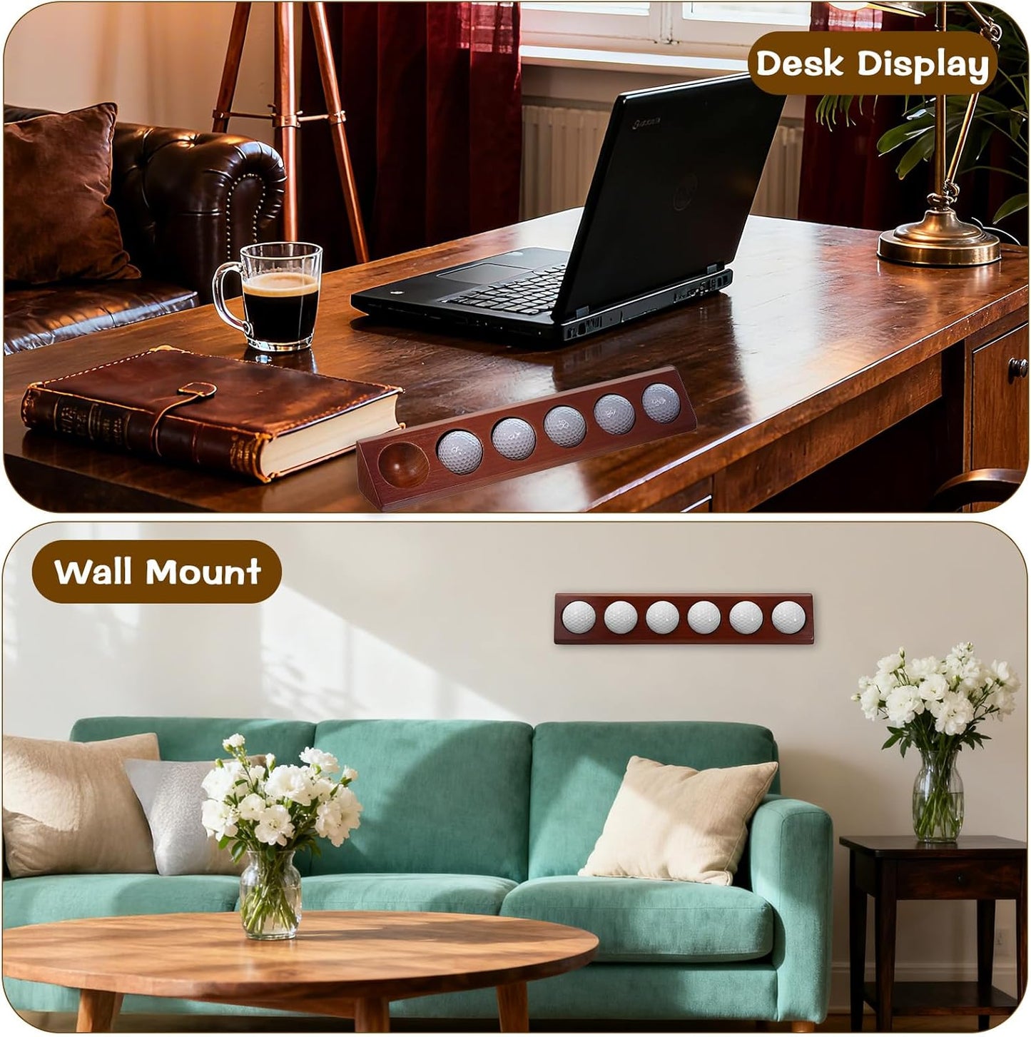 2 Pack Wooden Golf Ball Display Case 6 Standard Size Wall Mount Golf Ball Stand Holder Display for Collector Sport Memorabilia Accessories Gift