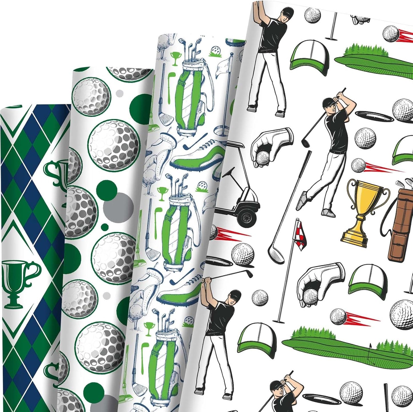 12 Sheets Golf Wrapping Paper Golf Clubs Balls Green Argyle Pattern Sports Gift Wrap Paper for Golf Theme Birthday Party Supplies, 20" x 28"
