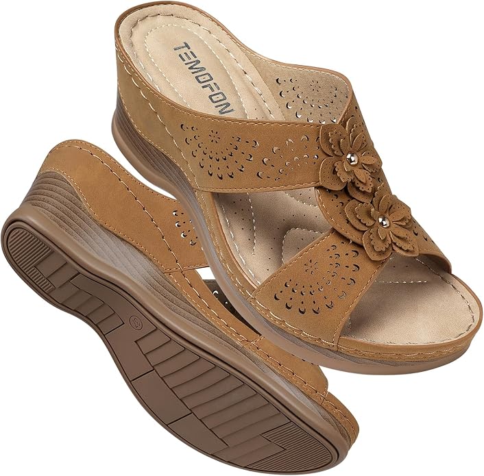 TEMOFON Womens Wedge Sandals Leather: Dressy Sandal, Rubber Sole, Comfortable by Temofon