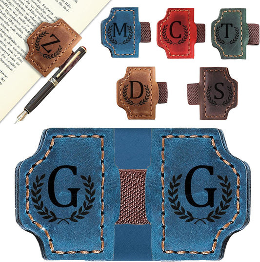 Bygone Mark Bookmark with Pen Holder, 26 Letters Name Initial Personalized Magnetic Bookmarks, Leather Book Mark for Men Women, Travelers Accessories, Teachers Readers Book Lovers Gifts (Blue, G)