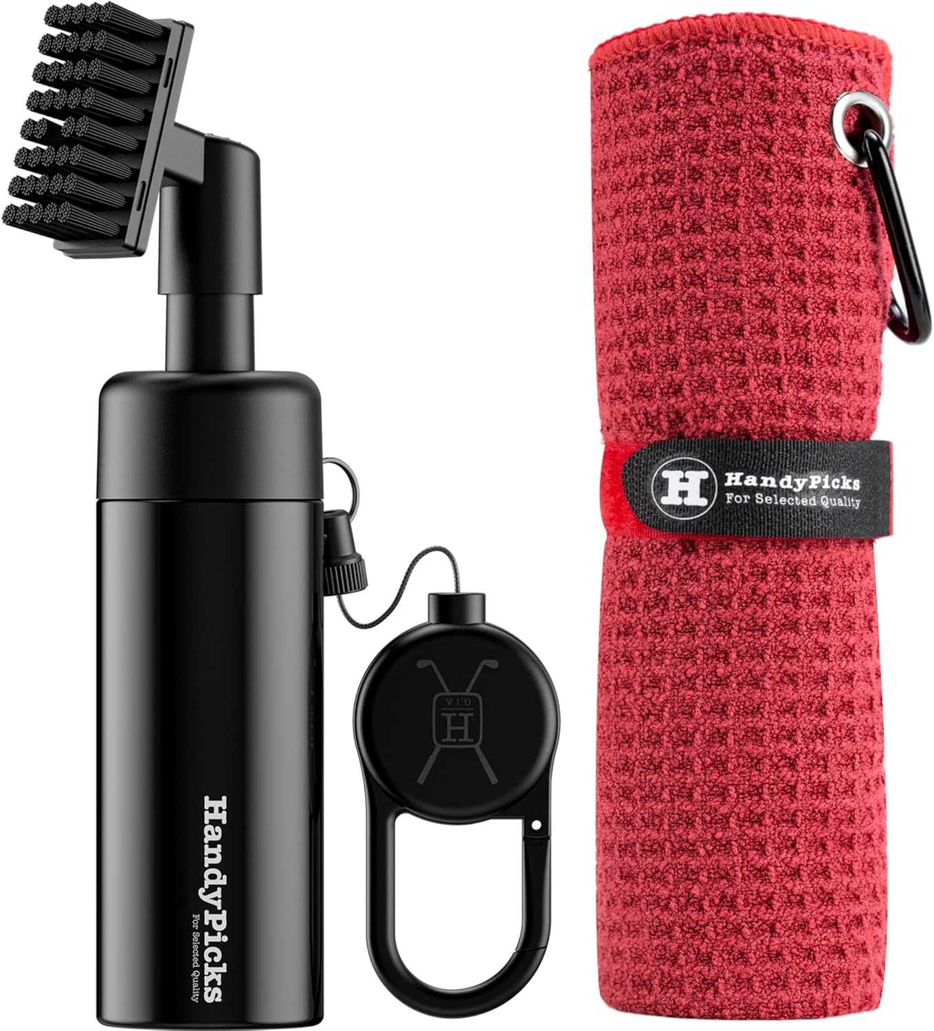 Handy Picks Golf Club Cleaner with Water Bottle Holds 5.5 OZ, Heavy Duty Metal Retractable Magnetic Clip, Waffle Microfiber Golf Towel, Ideal Water Brush Combo