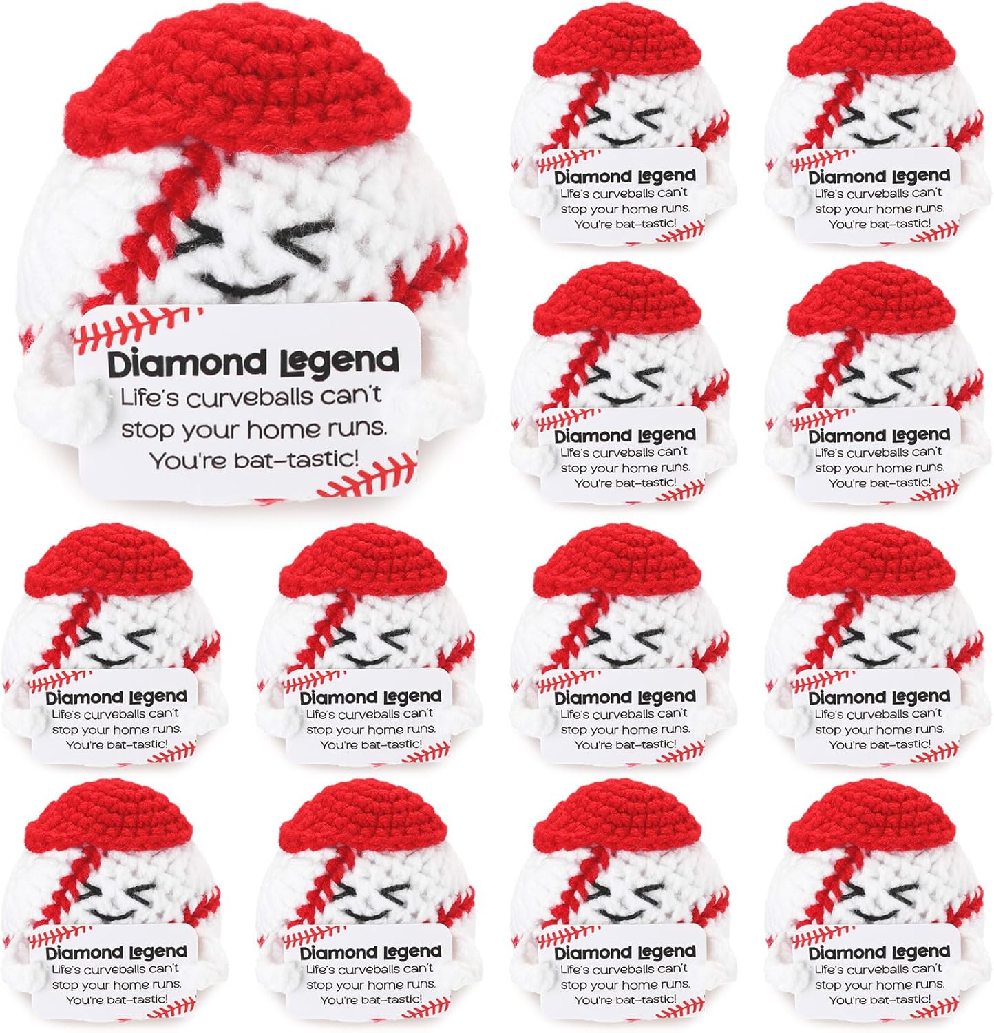 12pcs Funny Baseball Gifts for Team Bulk Positive Baseball Balls with Motivational Cards Handmade Mini Crochet Team Gift for Coach Women Men Coworker Birthday Christmas Party Favors