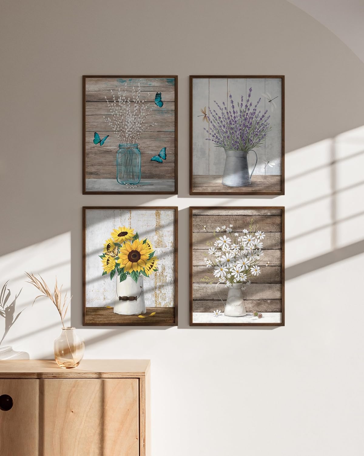 HAUS AND HUES Flower Wall Decor - Set of 4 Floral Art Prints, Framed Flower Paintings, Botanical Wall Art, Vintage Floral Pictures, Nature-Inspired Decor (Framed Walnut, 8x10)