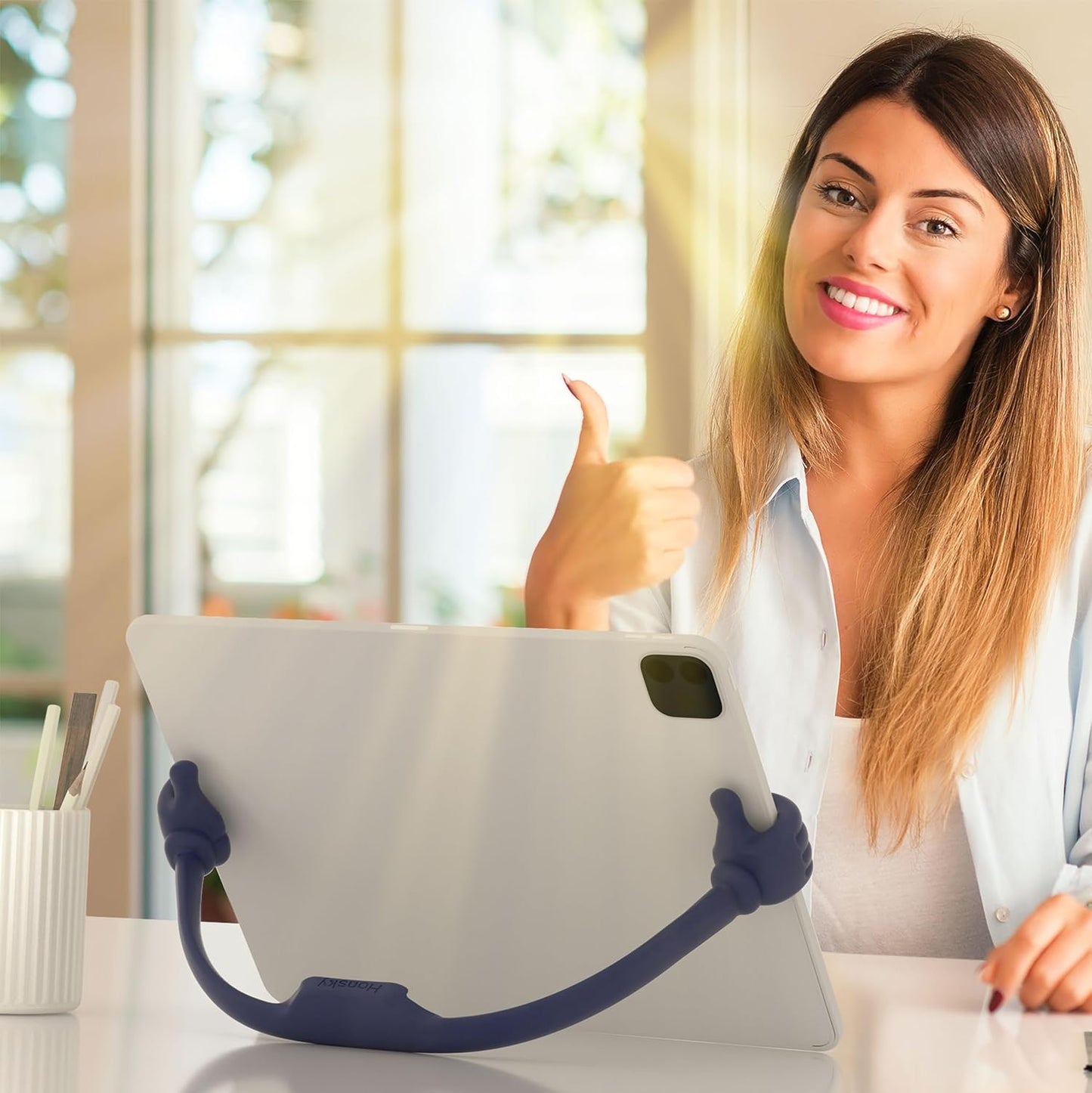 Honsky Thumbs Up 2 Pack Tablet Stand - Compatible with iPad, Samsung Galaxy Tabs, iPhone Pro Max - Universal, Cute, Blue Deep/Black