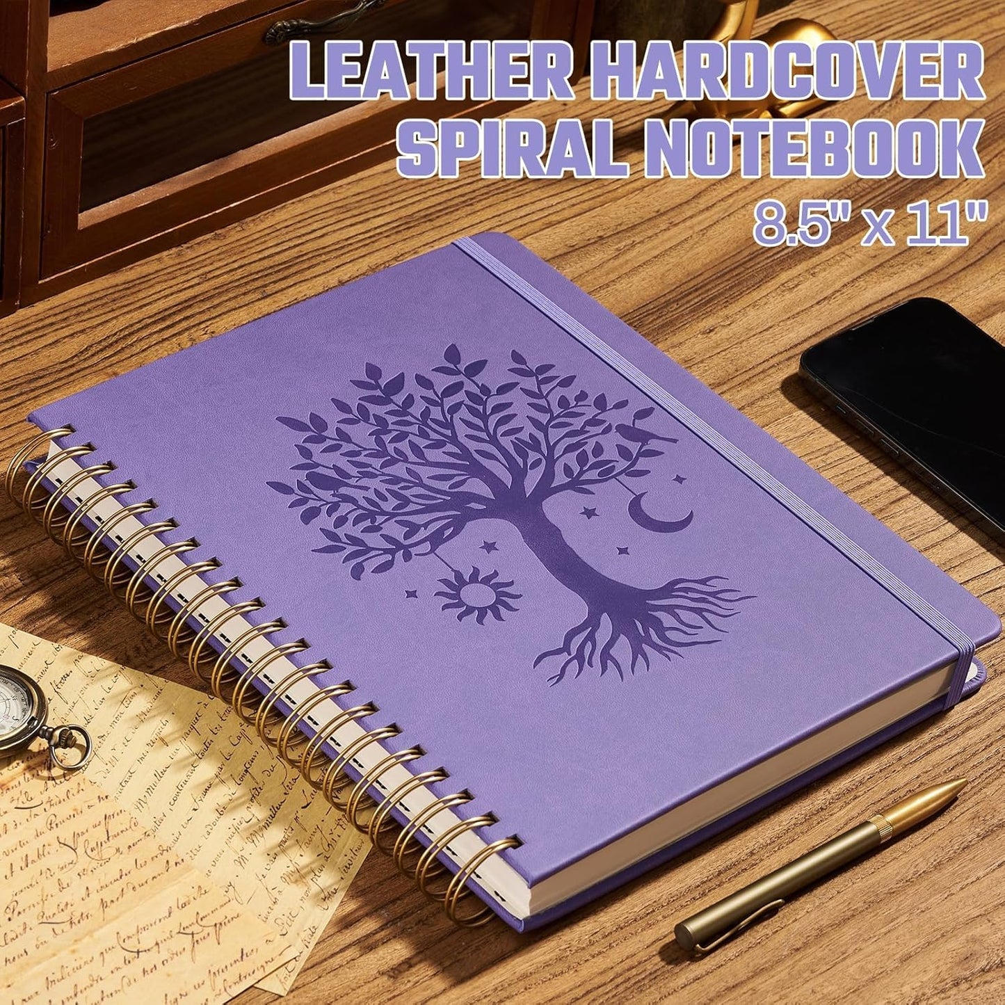 Hardcover Spiral Notebook 8.5" x 11" with 5 Removable Dividers 300 Pages Leather 5 Subject Notebook College Ruled 100GSM Large Spiral Notebooks for Work Thick Lined Journal for Women, Purple