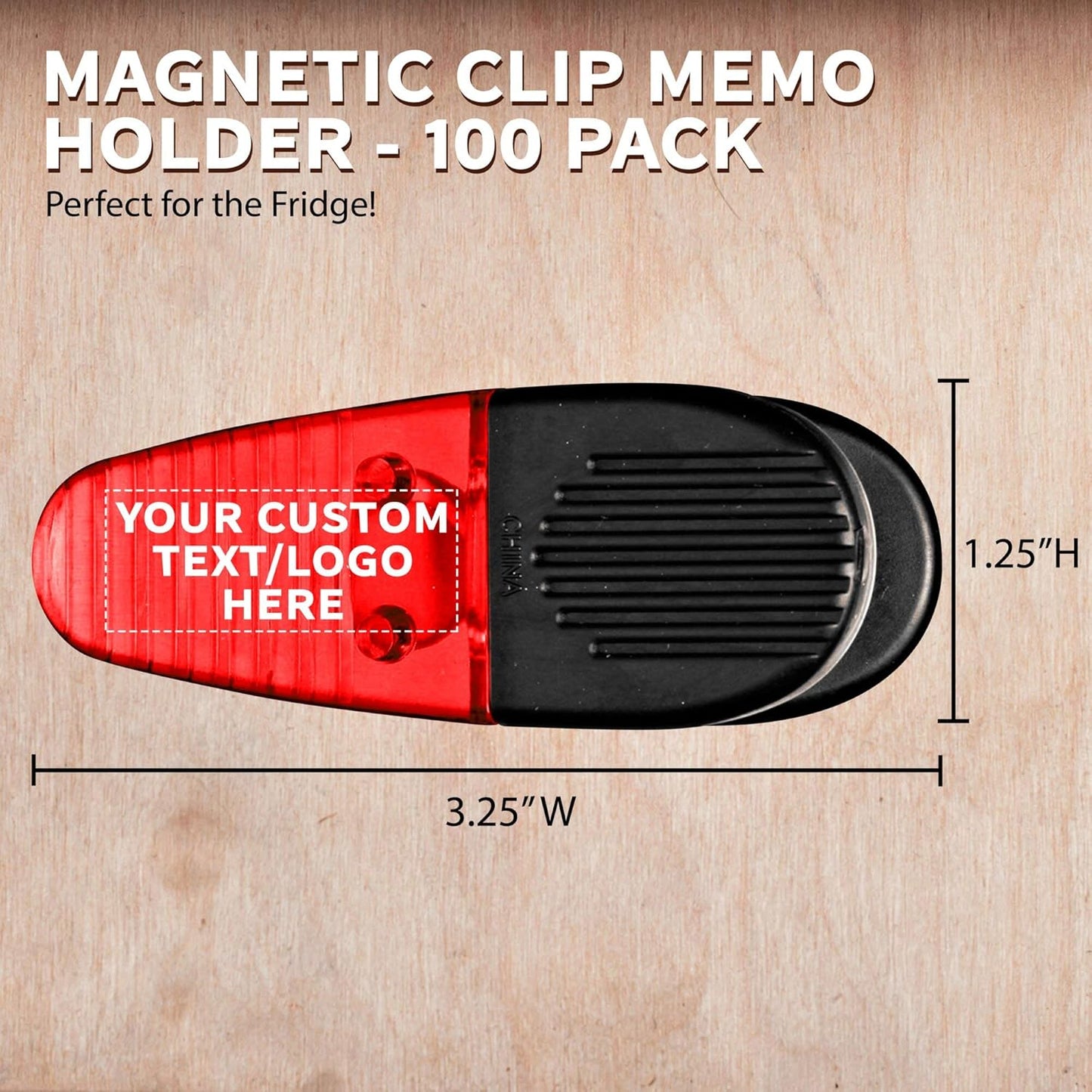 100 Magnetic Memo Holders Set - Customizable Text, Logo - Large Clip, Plastic - TRed