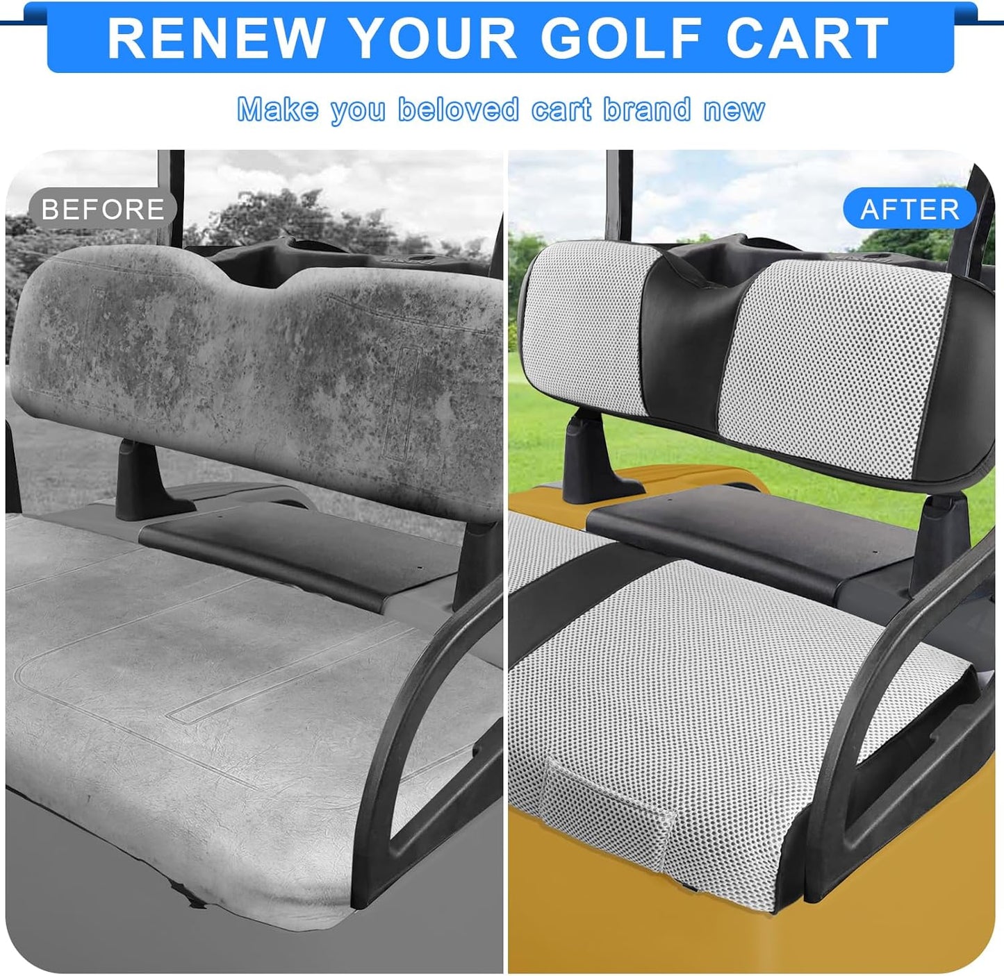 iLSKW Golf Cart Seat Covers for EZGO RXV Seat Cover OEM Front,Breathable Fabric and Leather Front Seat Cover Like Gloves,Full Wrap-Around Design of EZGO RXV Golf Cart Front Seat Cover