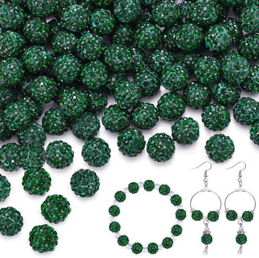 100 pcs 10mm Rhinestone Beads for Jewelry Making, Dark Green Shiny Round Shamballa Disco Beads Bulk, Sparkle Crystal Clay Christmas for Bracelet Baseball Necklace Earring Crafting and DIY