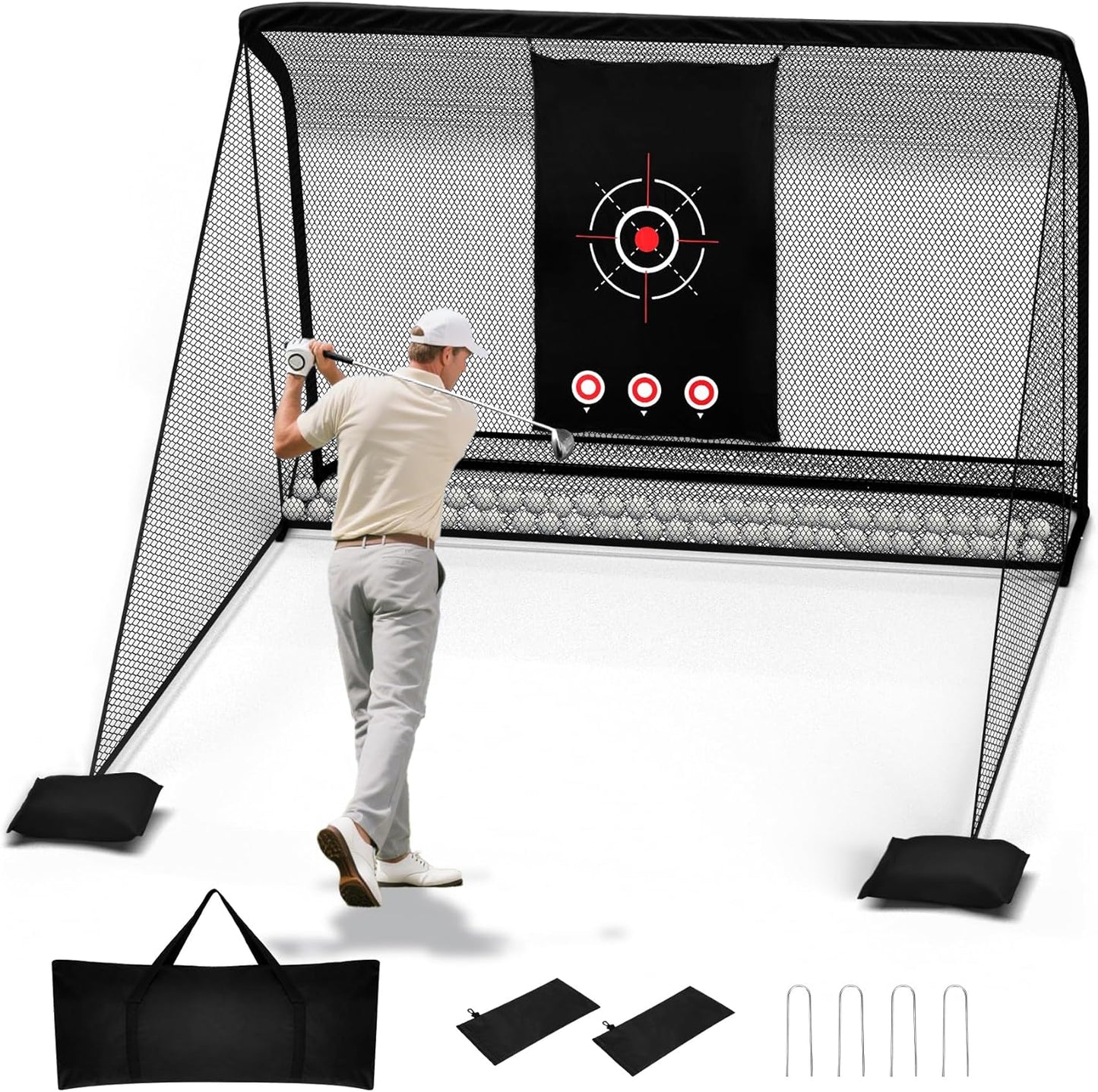 10x7FT Golf Practice Hitting Net, Heavy Steel Frame, Side Barriers, Low-Noise Target Cloth, for Backyard Driving Chipping Swing Training, Indoor/Outdoor Driving Range with Carry Bag