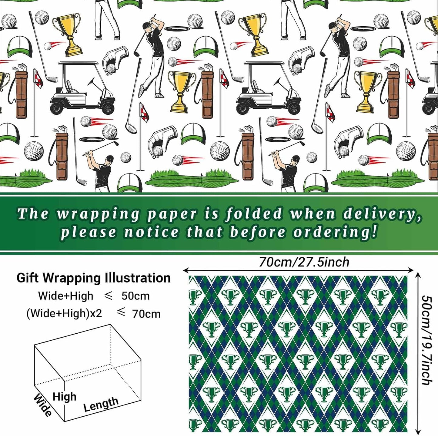 12 Sheets Golf Wrapping Paper Golf Clubs Balls Green Argyle Pattern Sports Gift Wrap Paper for Golf Theme Birthday Party Supplies, 20" x 28"