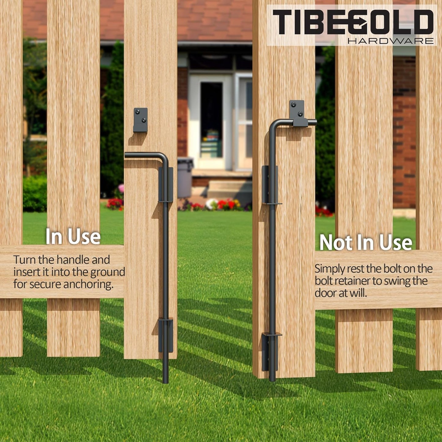 18" Heavy Duty Cane Bolt Gate Drop Rod, Extra Thick Gate Ground Latch Hardware for Wood PVC Vinyl Metal Fences Gates, Wrought Iron Doors Stopper Gate Latches, Black Finish, 2 Pack