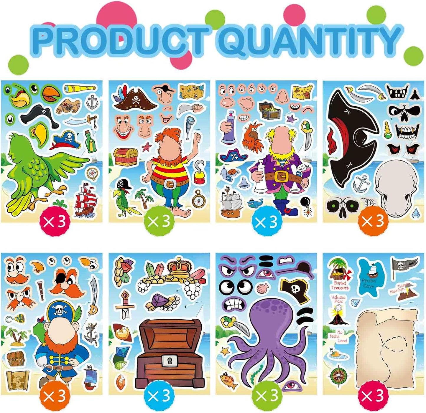 24 Sheets Pirate Stickers for Kids, Make Your Own Pirate Stickers, Make-a-face Stickers, Jolly Roger Stickers, Skull and Crossbones Stickers, Pirate Themed Party Decorations