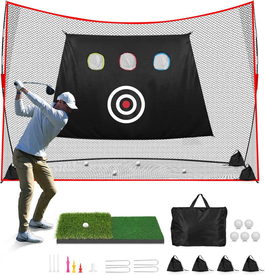 Golf Net: 10x7ft Heavy Duty Golf Practice Net for Indoor/Outdoor Training, Portable Golf Hitting Net with Carry Bag, Ideal Golf Training Aid for Golfers Backyard Driving Chipping Swing (Standard)