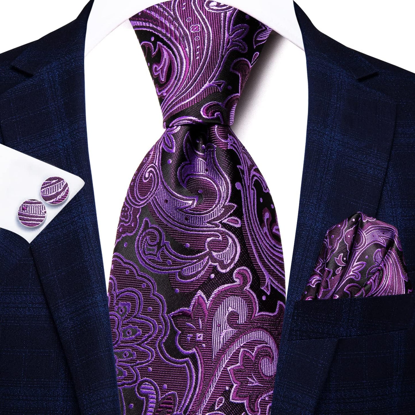 Hi-Tie Men 63inches Tie Set Extra Long Necktie Paisley Tie Pocket Suqare Cufflinks Big and Tall Men Tie