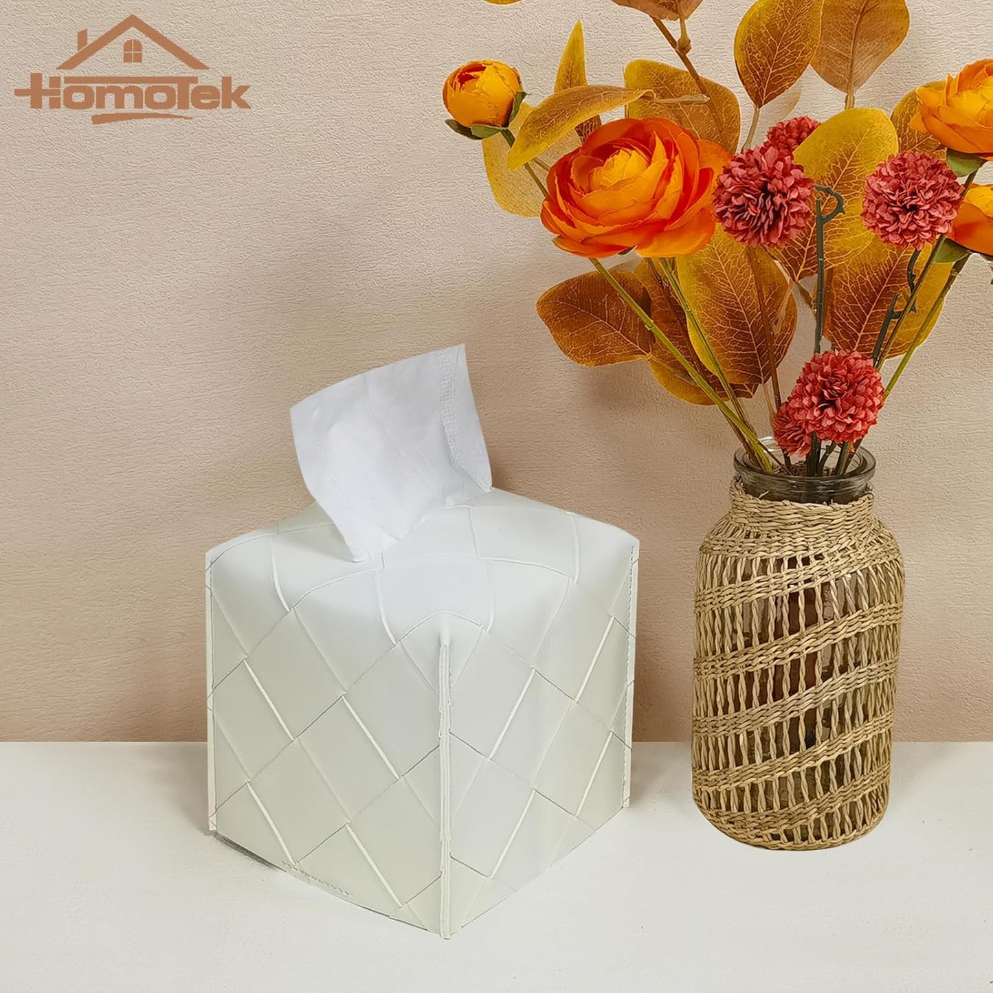HOMOTEK 2 Pack Tissue Box Cover, PU Leather Tissue Holder,Square Decorative Facial Tissue Cube Paper Organizer Dispenser for Bathroom, Night Stands, Desk, Car 5X5X5'' - Woven Textured, White Ivory