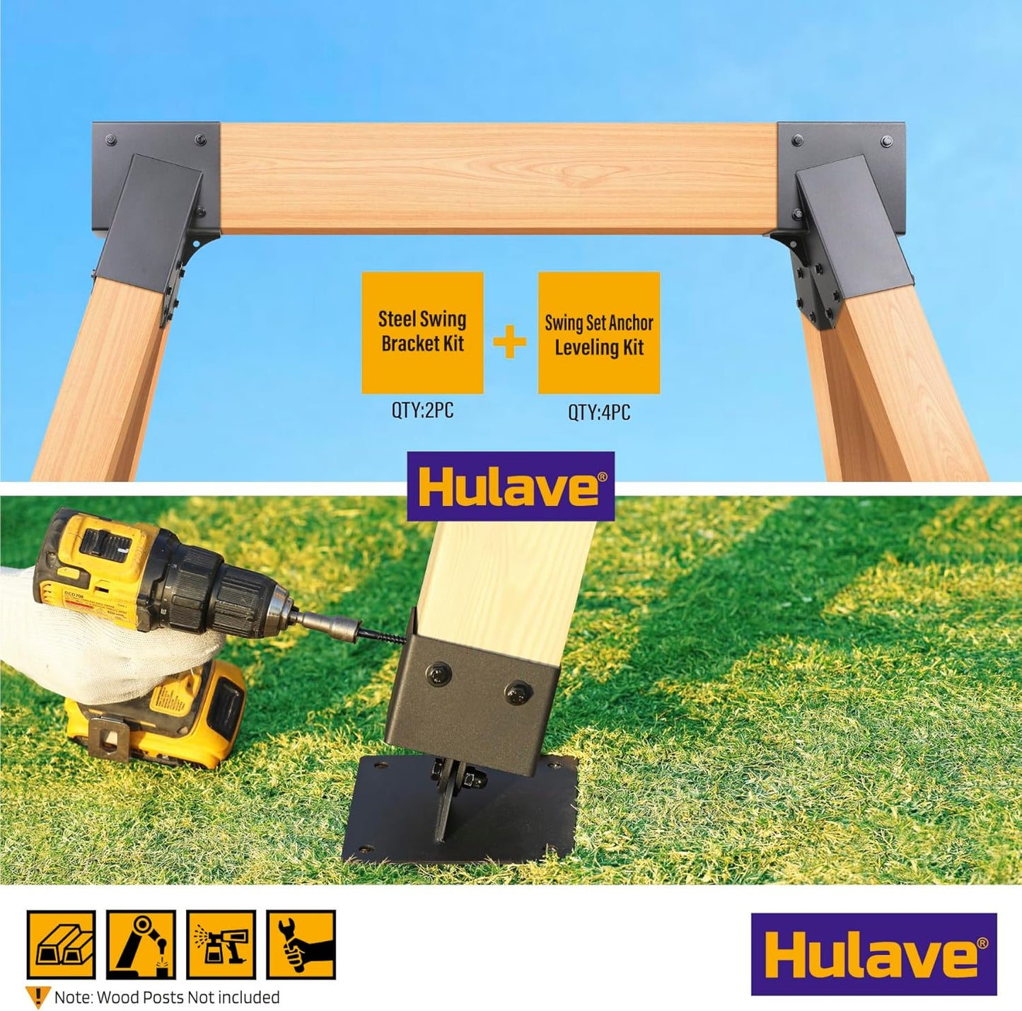 Hulave Stainless Steel Swing Bracket Kit, 4-Pack Swing Set Anchor Leveling Kit Bracket 4"x4"+2pcs A Frame Swing Set Brackets with Mounting Accessories(Black)