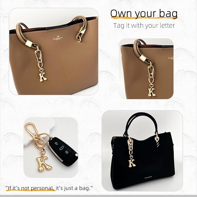 Gold Bubble Heart, Bow & More Designs Letter Initial Keychain Bag Charms – Cute - Image 4