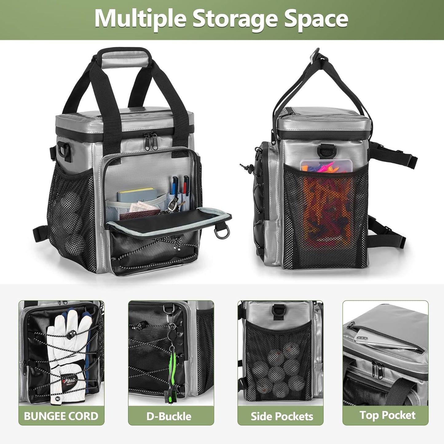 Insulated Golf Cart Cooler, 12-Can Leakproof Soft Cooler Bag Suitable for Golf Push Cart