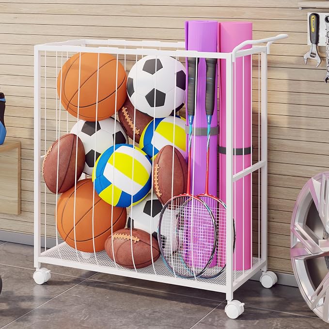 Ball Storage Bin Rolling Sports Ball Cart, Metal Garage Organizer Sport Rack - Image 9