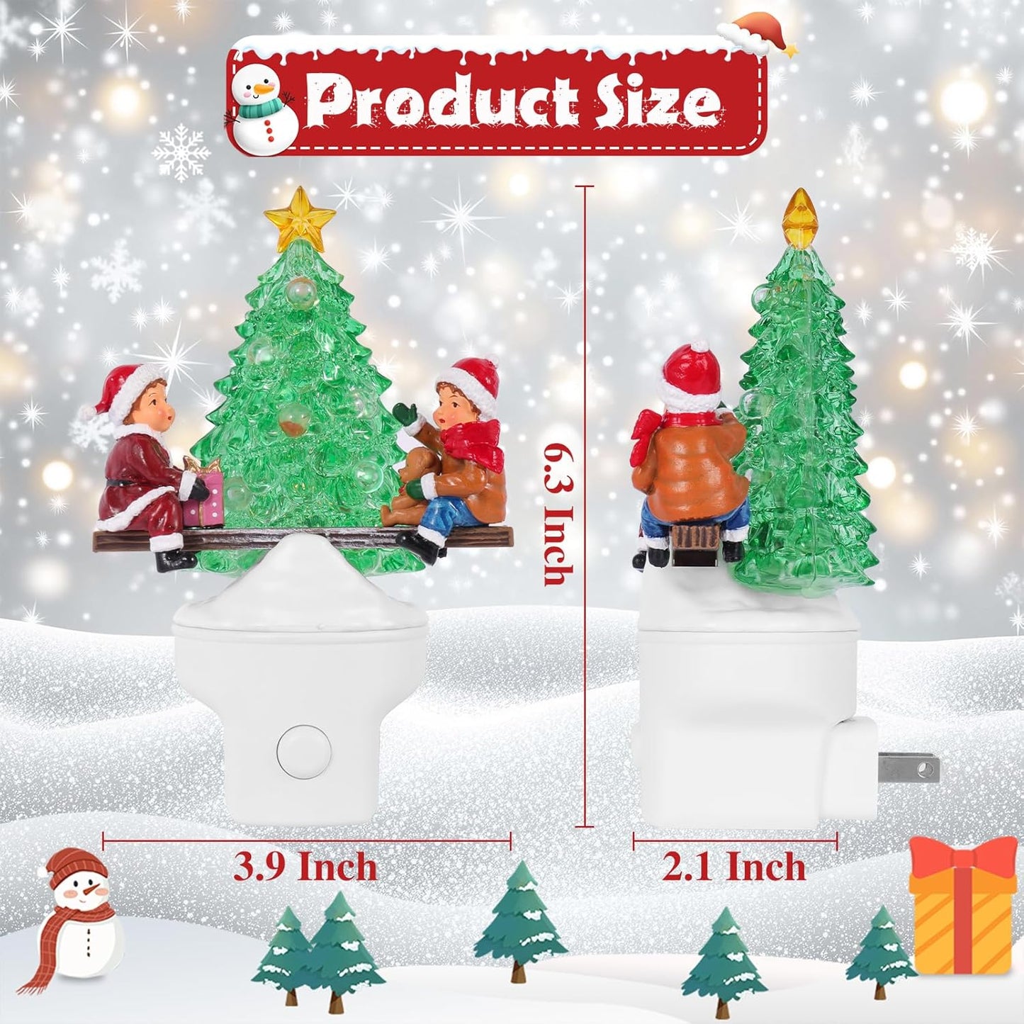2 Pack Christmas Night Light Plug into Wall Nightlight with USB/Outlet Options, Christmas Tree Decorative Night Light for Bedroom Kitchen Nursery Holiday Decorations Gifts (Seesaw)