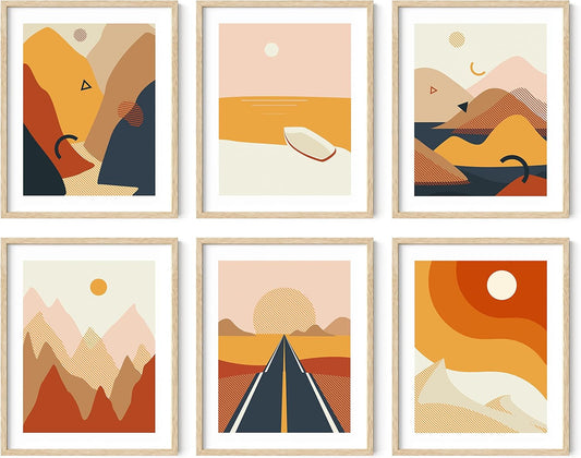 HAUS AND HUES Abstract Minimalist Landscape Wall Art Prints - Set of 6 Modern Aesthetic Mountain Wall Art Posters, Minimal Geometric Nature Paintings, Minimalist Wall Art (Beige Frame, 8x10)