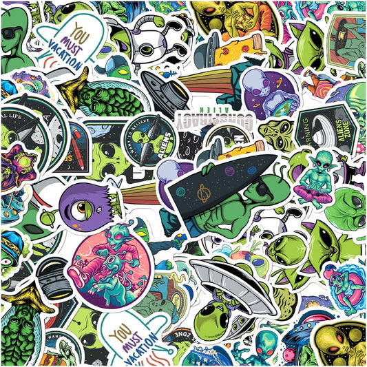 Alien UFO Space Illustration Vinyl 50pcs Stickers Pack for Kids Teens Laptop Water Bottle Skateboard Scrapbook SciFi Lovers Bedroom Hard Car Bottles Hat Adults Wall