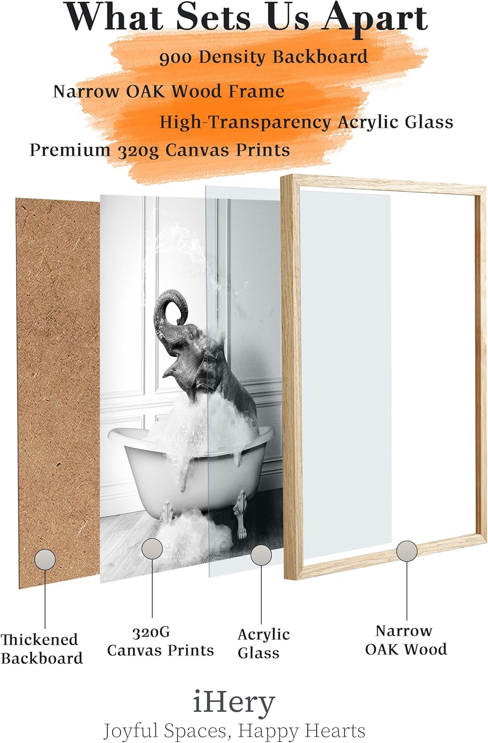 iHery Natural OAK Wood Framed Wall Art, 12x16 in Funny Bathroom Wall Art Decor, Elephant Bathing Animals Canvas Prints, Black and White Wall Decor Pictures For Bedroom Living Room Set of 1