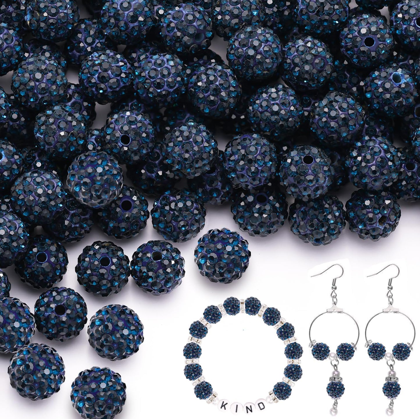 200pcs 10mm Blue Black Rhinestone Beads for Jewelry Making, Shiny Round Shamballa Disco Ball Beads Bulk, Sparkle Crystal Clay Christmas for Bracelet Baseball Necklace Earring Crafting and DIY