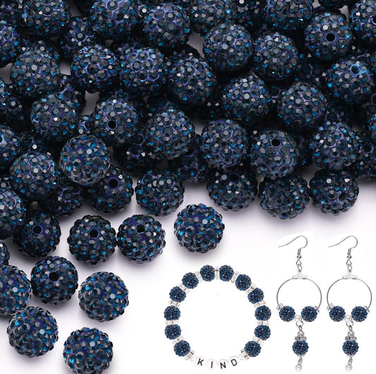 200pcs 10mm Blue Black Rhinestone Beads for Jewelry Making, Shiny Round Shamballa Disco Ball Beads Bulk, Sparkle Crystal Clay Christmas for Bracelet Baseball Necklace Earring Crafting and DIY