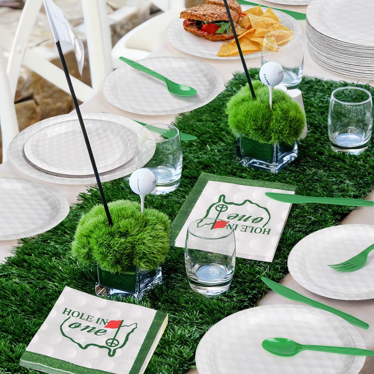 144 Pcs 3D Golf Ball Party Supplies Paper Ball Plates and Napkins Dinnerware Set Tableware Supplies Includes Paper Plates Napkins Forks Serve 24 for Birthday Sports Party decorations