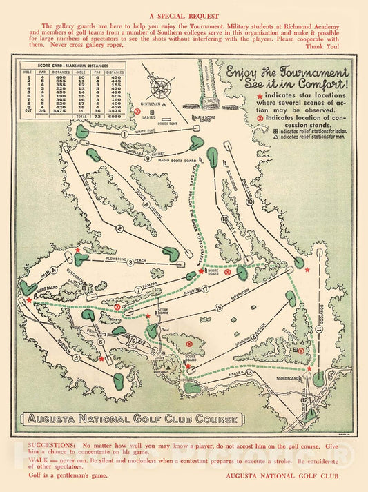 Historic Map - Augusta National Golf Club Course, 1954 - Unframed Vintage Wall Art 33in x 44in