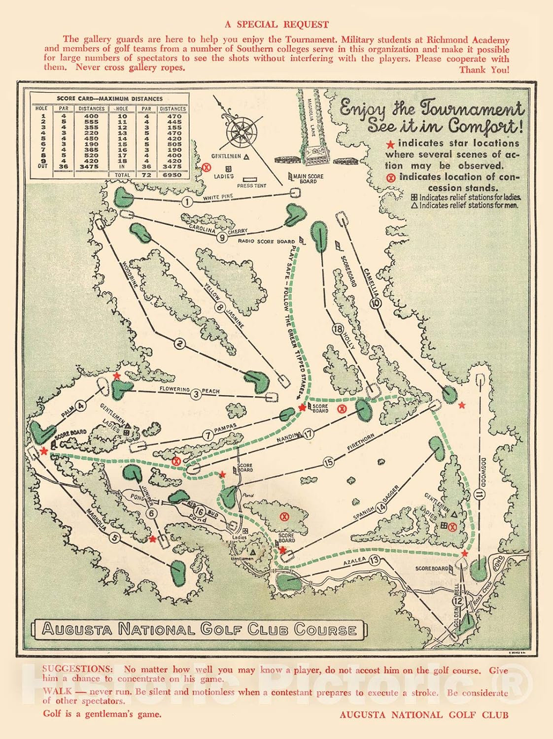 Historic Map - Augusta National Golf Club Course, 1954 - Unframed Vintage Wall Art 44in x 60in
