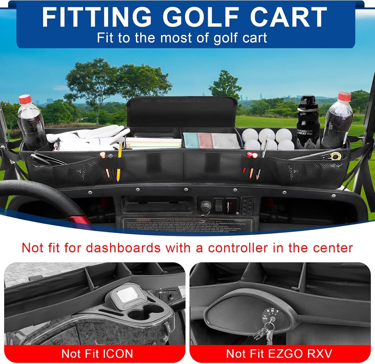 iLSKW Golf Cart Front Inner Basket Organizer Fit Ezgo TXT, Club Car DS/Precedent, Yamaha, Golf Cart Storage Tray with Over 13L Capacity, Indivdual Room, Easy to Install Remove Clean