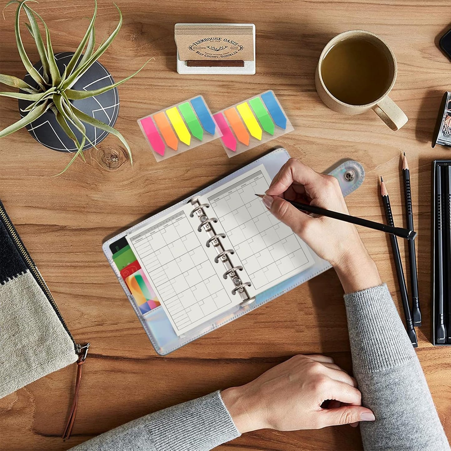 Harphia A7 6 Holes Binder Refill Value Set, 90sheets monthly plan loose leaf paper with stickers and dividers, planner insert with binder pockets for A7 binder 6 holes refillable notebook,005dA7month