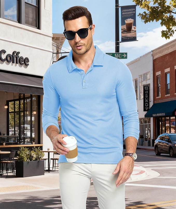 Men's Long Sleeve Polo Shirts 3 Button Down - Image 2