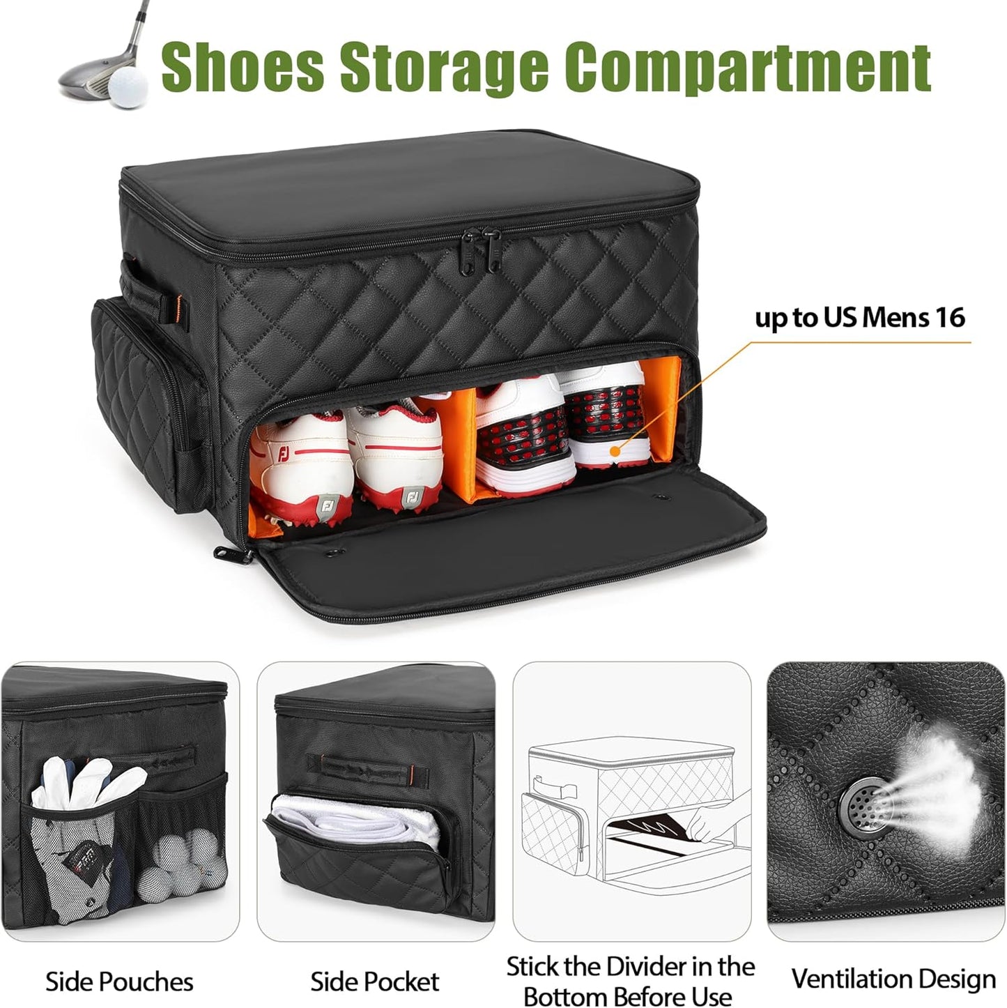 2 Layer Golf Trunk Organizer, Golf Car Storage Organizer with Individual Ventilated Compartment for 2 Pairs Shoes, Golf Car Locker for Balls, Clothes, Tees, Gloves, Accessories