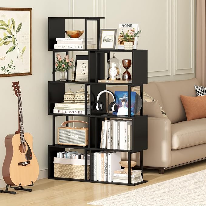 Yusong Bookshelf 5-Tier, Geometric Bookcase S Shaped Book Shelves - Image 2