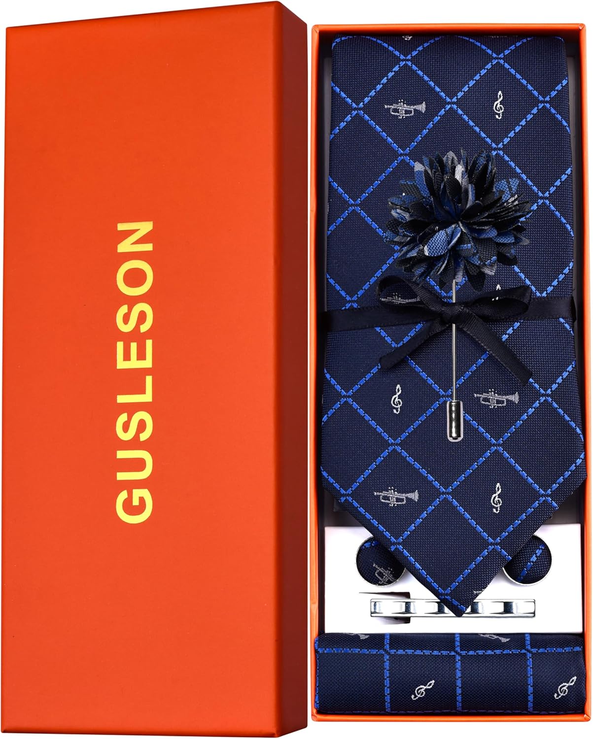 GUSLESON Tie Set for Men Necktie and Pocket Square,Tie Clip,Cufflinks, Lapel Pin Sets with Gift Box 5PCS