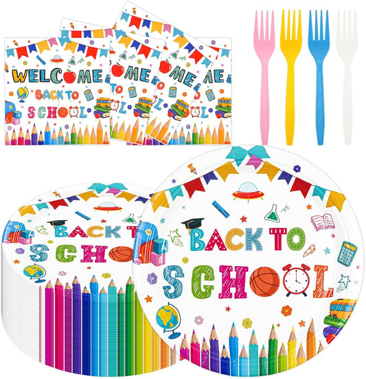 75PCS Back to School Paper Plates and Napkins - School Themed Tableware Set Include 7inch Paper Plates Napkins Forks Disposable Decoration Supplies for School Preschool Kindergarten Party, Serve 25