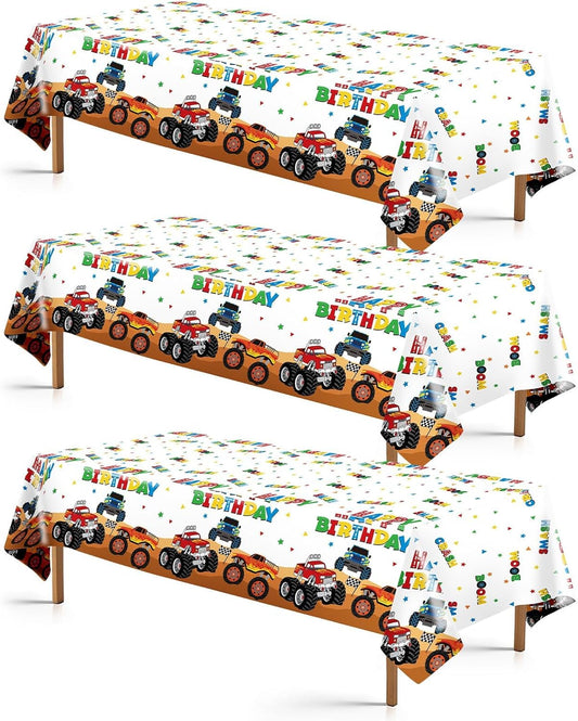 3Pcs Monster Theme Truck Birthday Tablecloth Monster Theme Jam Party Table Cover Plastic Rectangle Checkered Table Cloth Construction Truck Decorations for Kids Boys Birthday Party Supplies 54" x 108"