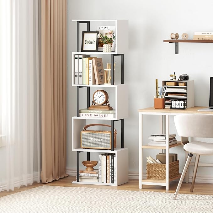 Yusong Bookshelf 5-Tier, Geometric Bookcase S Shaped Book Shelves - Image 4