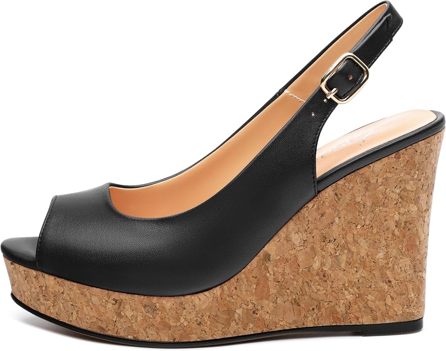 Womens Peep Toe Wedge Heels Matte Fashion Cork Slingback Pumps Platform Wedge - Image 2