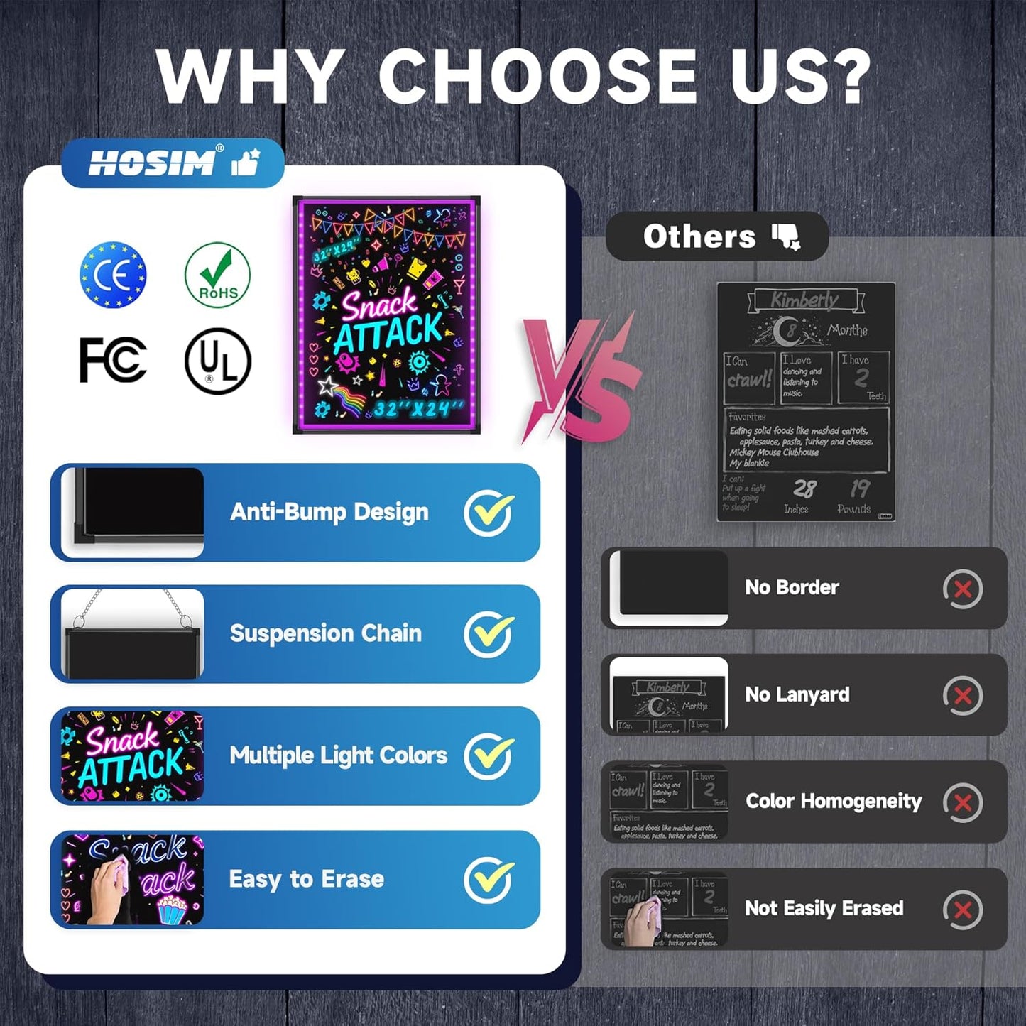 Hosim LED Message Writing Board, 24" x 16" Illuminated Erasable Neon Effect Restaurant Menu Sign with 8 Colors Markers, 7 Colors Flashing Mode DIY Message Chalkboard for Kitchen Wedding Promotions