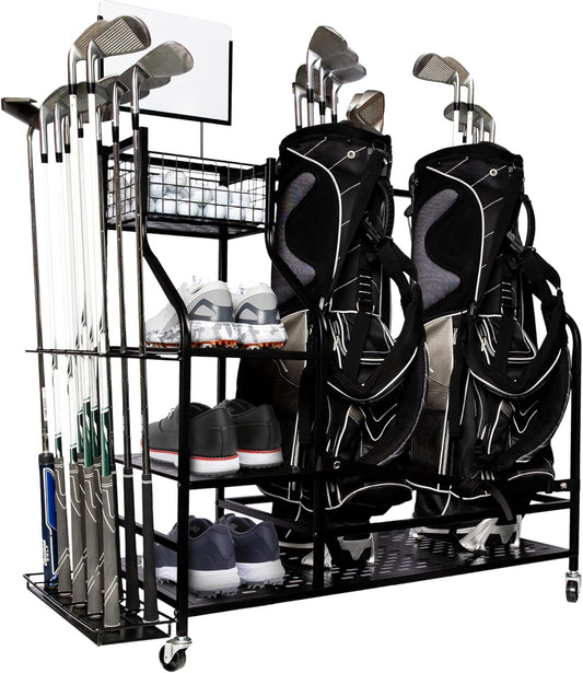Heavy-Duty Golf Storage Rack for Garage – Holds 2 Golf Bags – Freestanding Organizer with Shelves, Club Stand, Hooks & Basket – Perfect for Shed, Backyard, Home Simulators, Basement