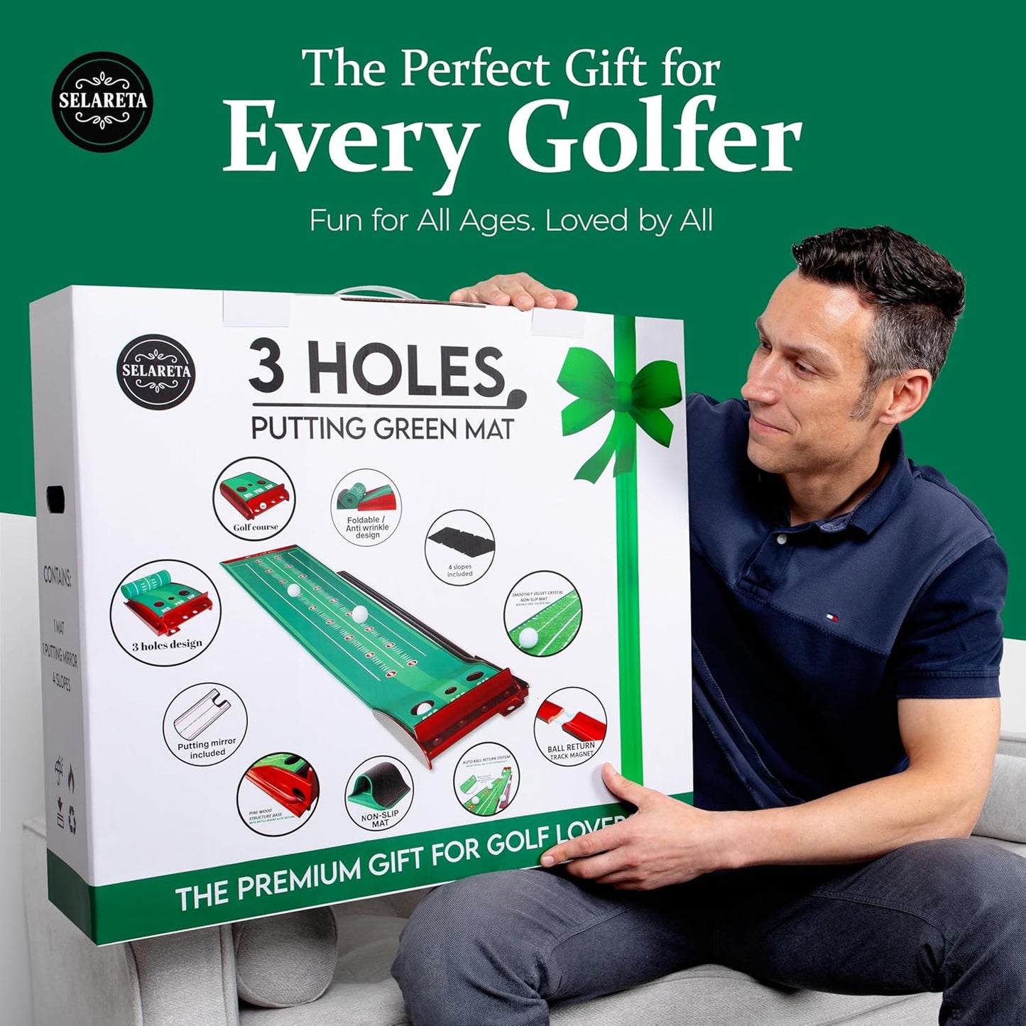 Indoor Putting Green- 10 ft. 3 Holes Professional Golf Mat with Auto Ball Return, Non-Slip Base,Mirror and 4 Slopes. for Home, Office, or Backyard – Golf Gift Training Aid for Beginners and Adults